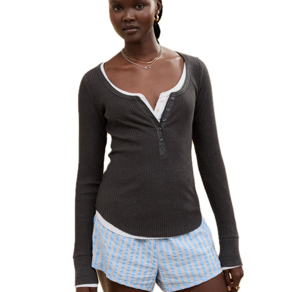Aerie Essential Henley Layering T-Shirt Smoked Gray - NWT & Packaging!